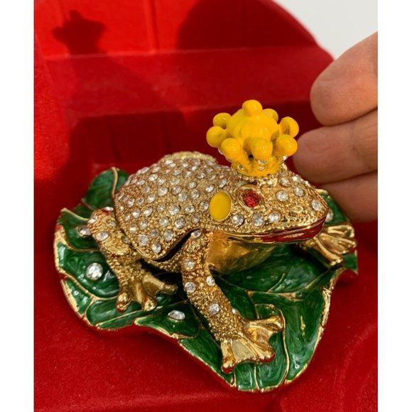 Royal Frog Trinket Box Rhinestone on Gold Metal Hinge Top Lacquer Gift 6560 - Picture 5 of 9